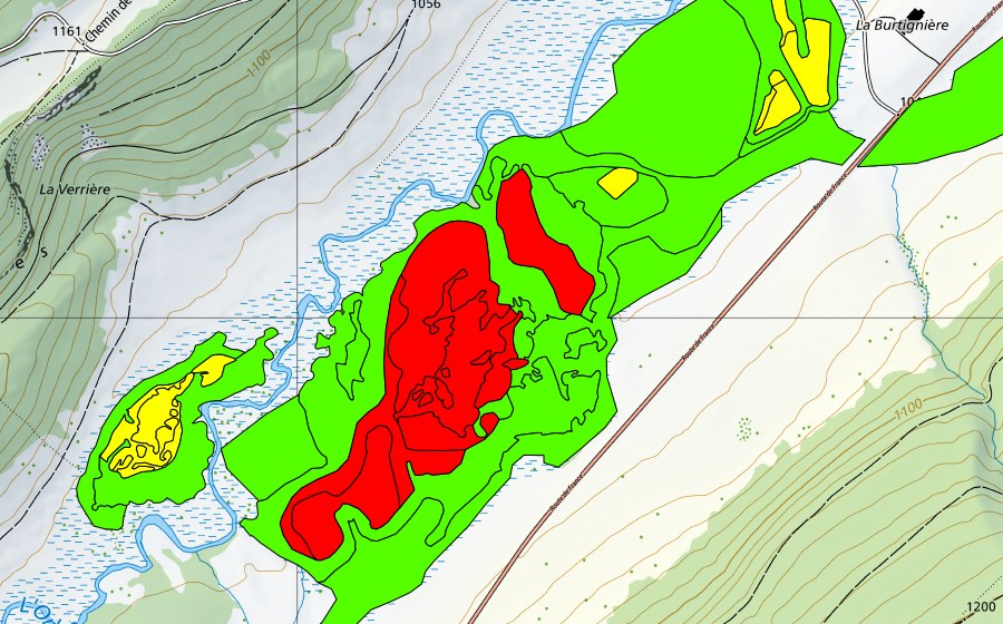 Carte nationale swisstopo avec le périmètre protégé de Sagnes de la Burtignière (Haut-marais)