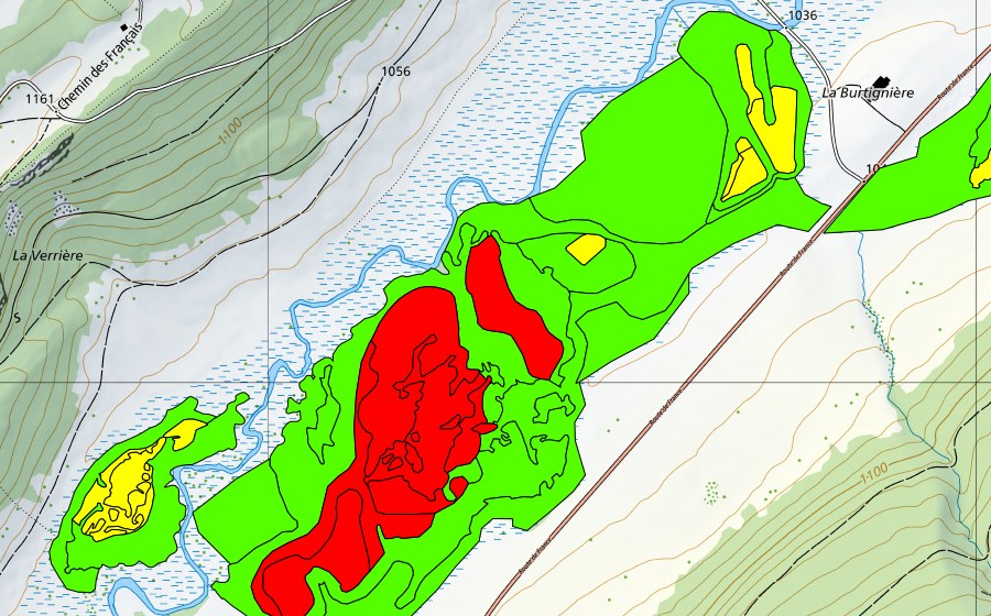 swisstopo national map showing the protected perimeter of Sagnes de la Burtignière (Raised bog)