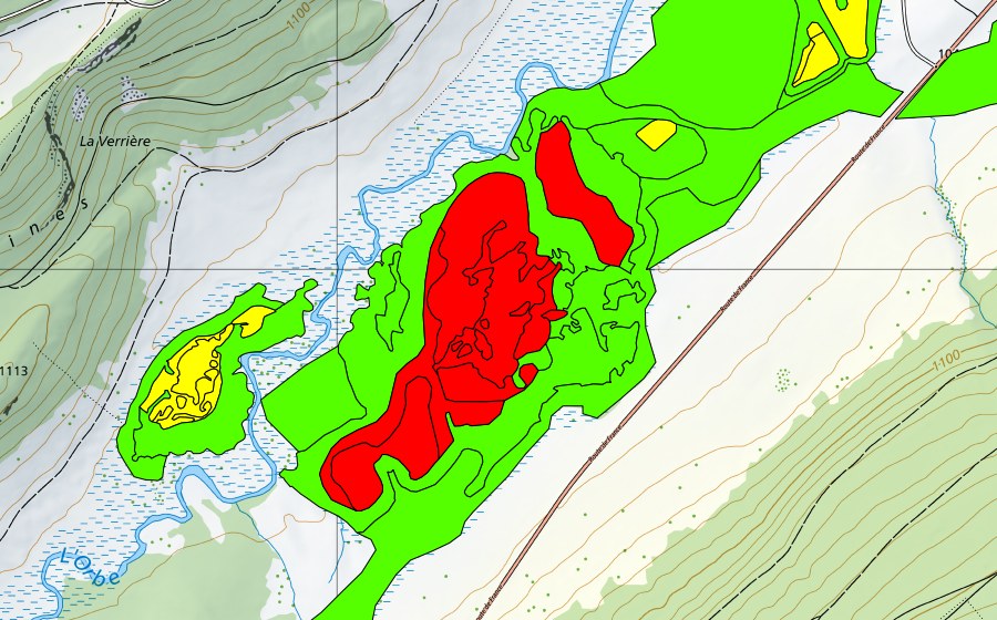 swisstopo national map showing the protected perimeter of Sagnes de la Burtignière (Raised bog)