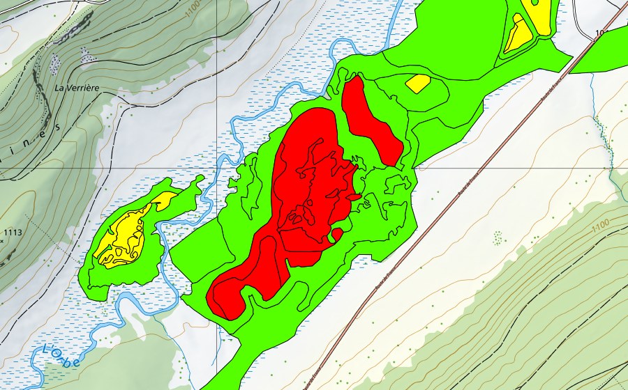 Carte nationale swisstopo avec le périmètre protégé de Sagnes de la Burtignière (Haut-marais)