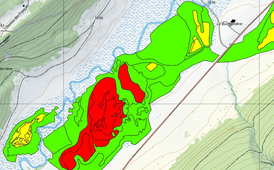 Landeskarte swisstopo mit dem Schutzperimeter von Sagnes de la Burtignière (Hochmoor)