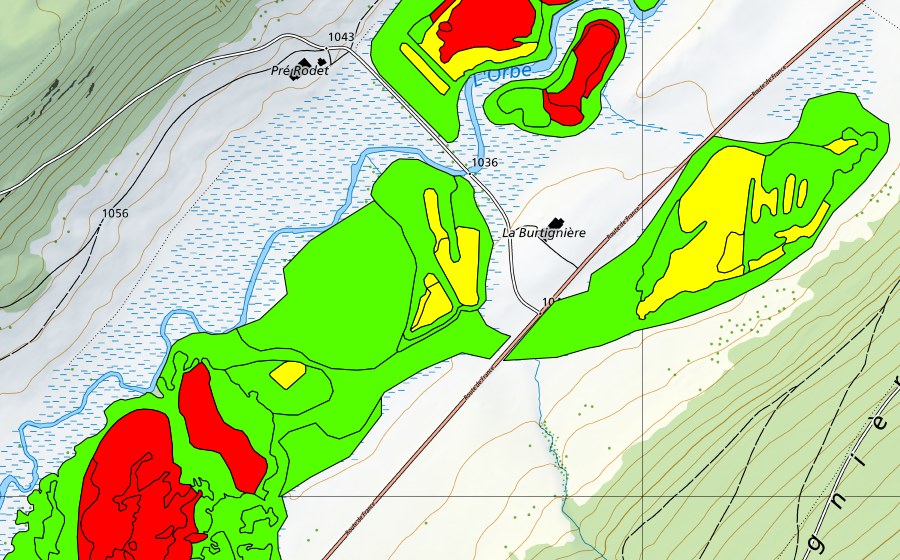 swisstopo national map showing the protected perimeter of Sagnes de la Burtignière (Raised bog)