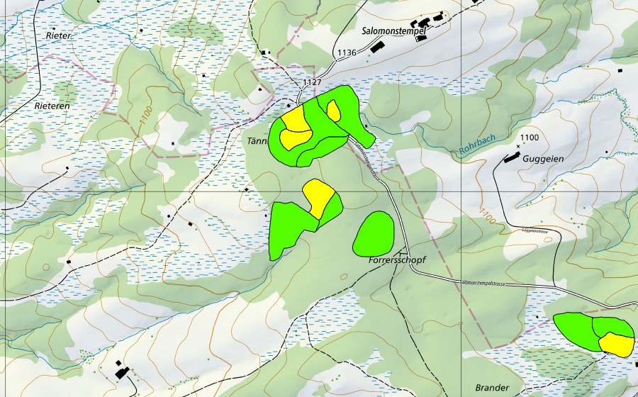 Carte nationale swisstopo avec le périmètre protégé de Salomonstempel (Haut-marais)