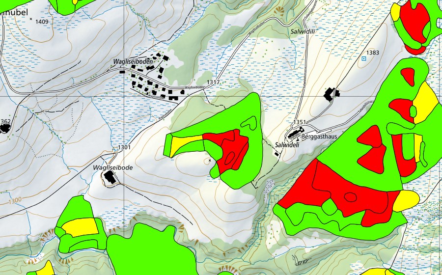 Carte nationale swisstopo avec le périmètre protégé de Salwidili (Haut-marais)