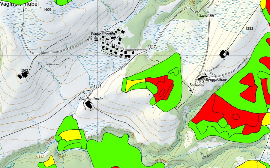 swisstopo national map showing the protected perimeter of Salwidili (Raised bog)