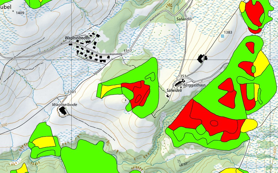 Carte nationale swisstopo avec le périmètre protégé de Salwidili (Haut-marais)