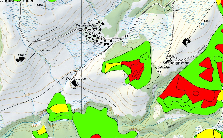 Landeskarte swisstopo mit dem Schutzperimeter von Salwidili (Hochmoor)