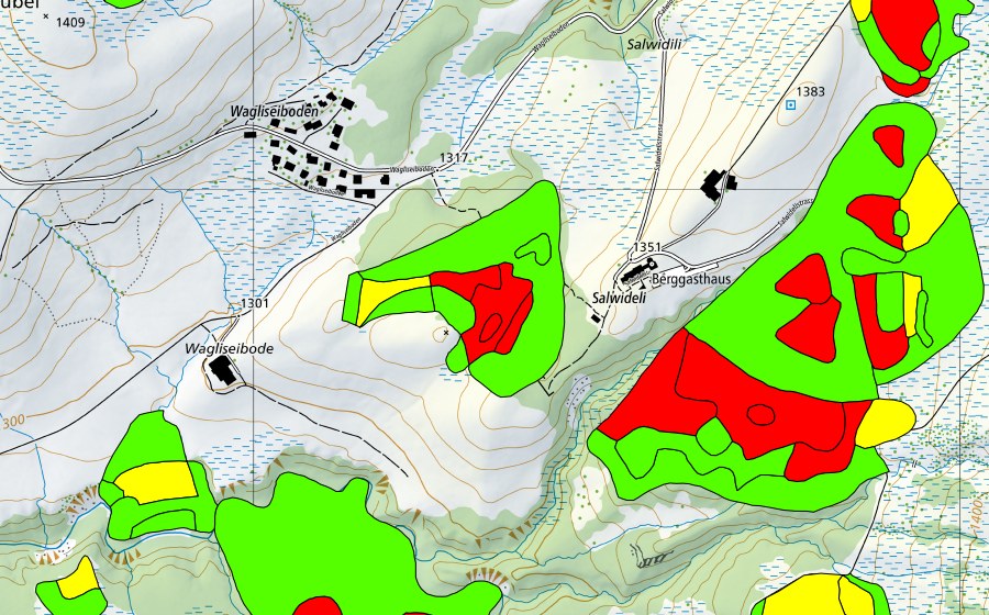 Carte nationale swisstopo avec le périmètre protégé de Salwidili (Haut-marais)