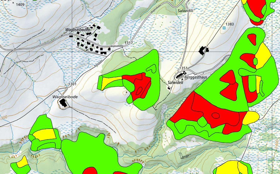 Carte nationale swisstopo avec le périmètre protégé de Salwidili (Haut-marais)