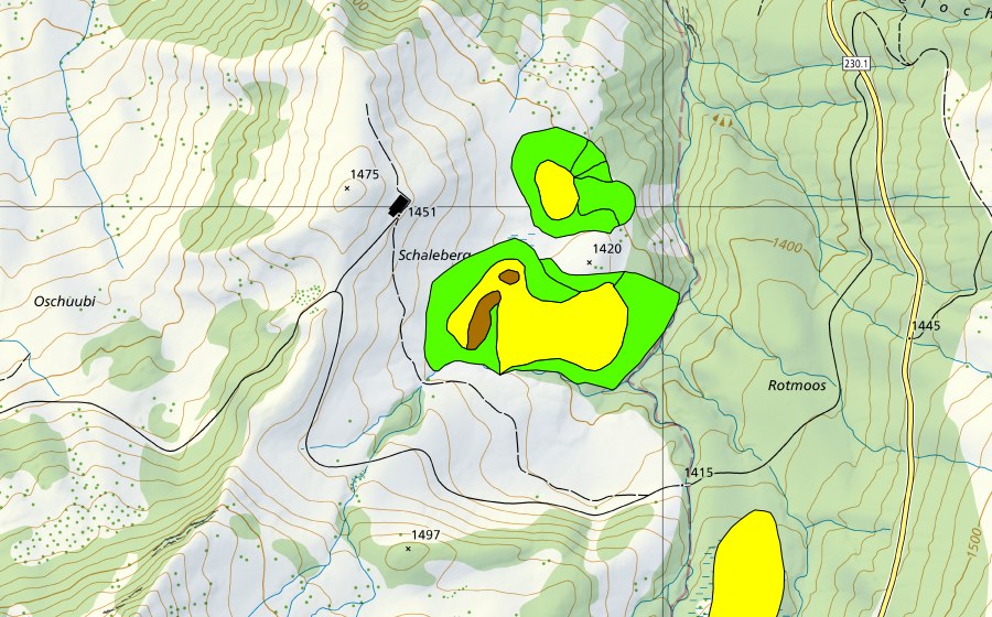 Carte nationale swisstopo avec le périmètre protégé de Schalenberg (Haut-marais)