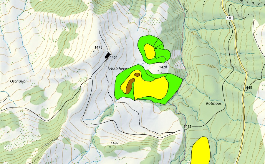Carte nationale swisstopo avec le périmètre protégé de Schalenberg (Haut-marais)
