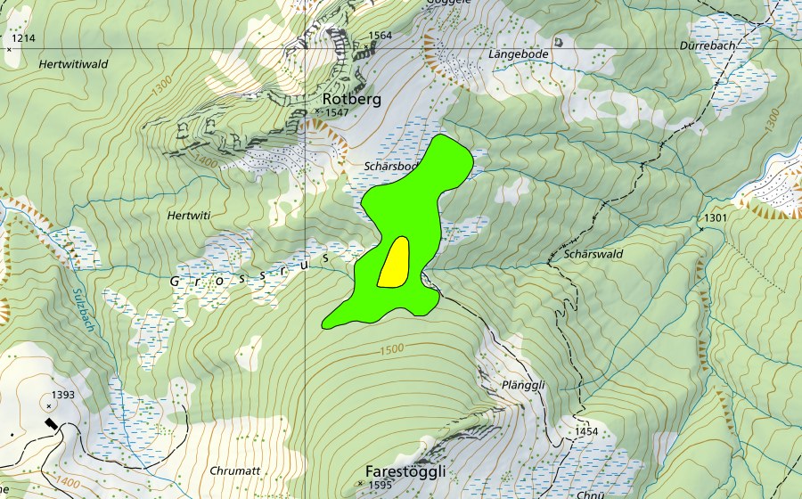 Landeskarte swisstopo mit dem Schutzperimeter von Schärsboden-Moor (Hochmoor)