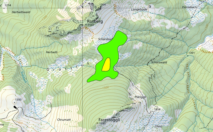 swisstopo national map showing the protected perimeter of Schärsboden-Moor (Raised bog)