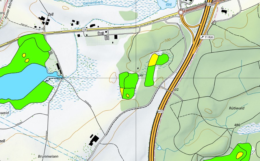 Carte nationale swisstopo avec le périmètre protégé de Schönbühl (Haut-marais)