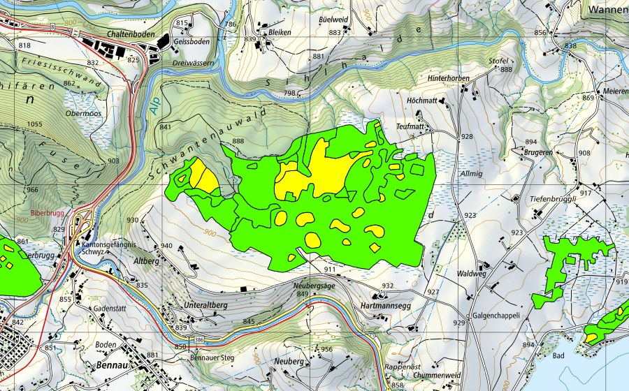 swisstopo national map showing the protected perimeter of Schwantenau (Raised bog)