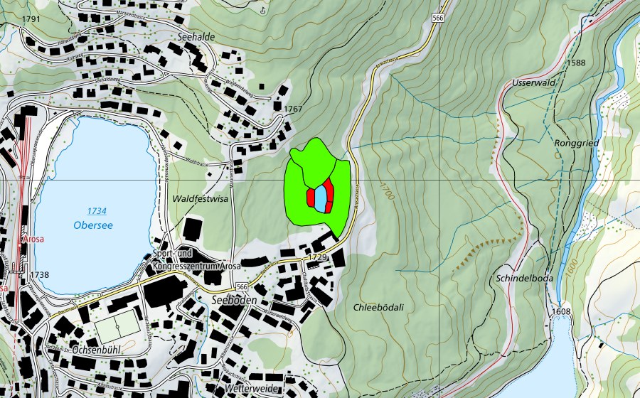 Landeskarte swisstopo mit dem Schutzperimeter von Schwarzsee bei Arosa (Hochmoor)