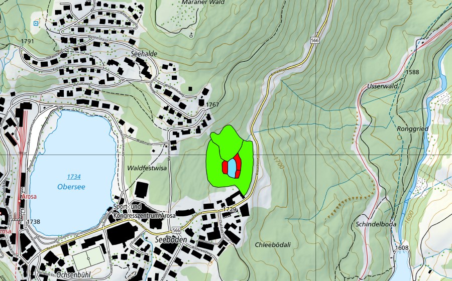 Carte nationale swisstopo avec le périmètre protégé de Schwarzsee bei Arosa (Haut-marais)