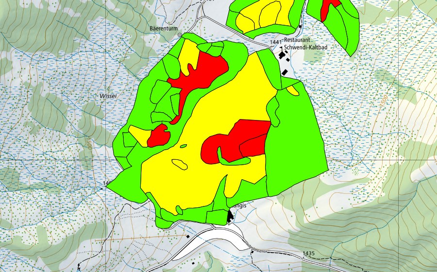Landeskarte swisstopo mit dem Schutzperimeter von Schwendi Kaltbad (Hochmoor)
