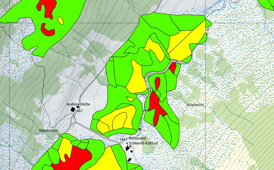 Landeskarte swisstopo mit dem Schutzperimeter von Schwendi Kaltbad (Hochmoor)