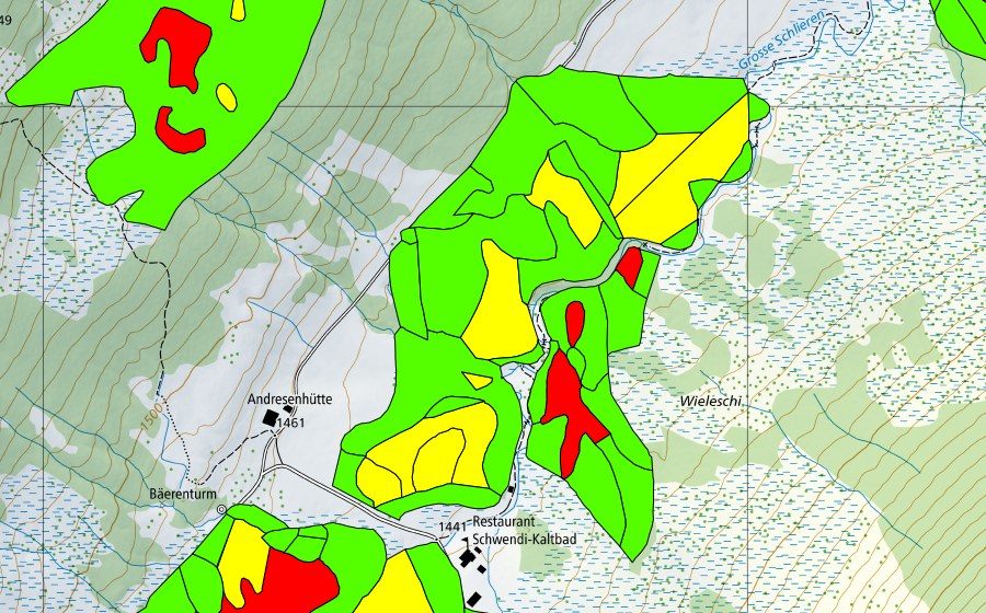 Landeskarte swisstopo mit dem Schutzperimeter von Schwendi Kaltbad (Hochmoor)