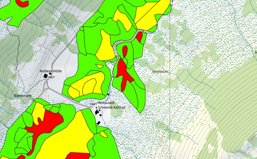 Carte nationale swisstopo avec le périmètre protégé de Schwendi Kaltbad (Haut-marais)