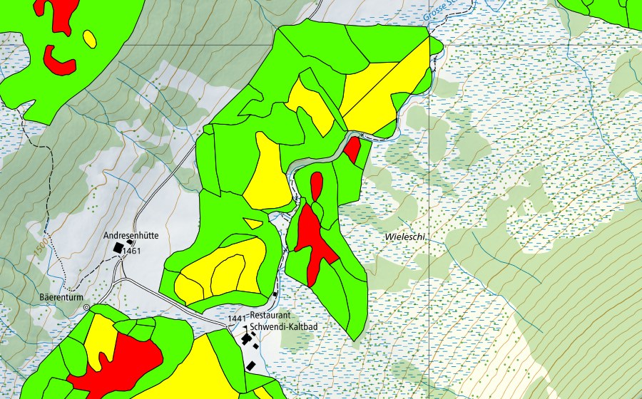 swisstopo national map showing the protected perimeter of Schwendi Kaltbad (Raised bog)