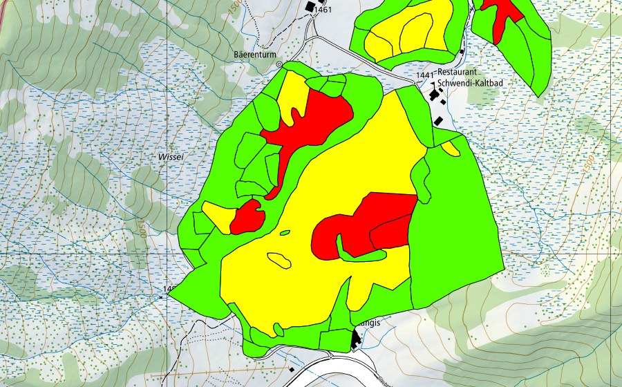 Carte nationale swisstopo avec le périmètre protégé de Schwendi Kaltbad (Haut-marais)