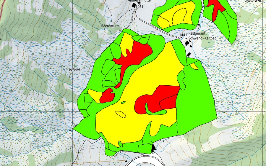 Landeskarte swisstopo mit dem Schutzperimeter von Schwendi Kaltbad (Hochmoor)