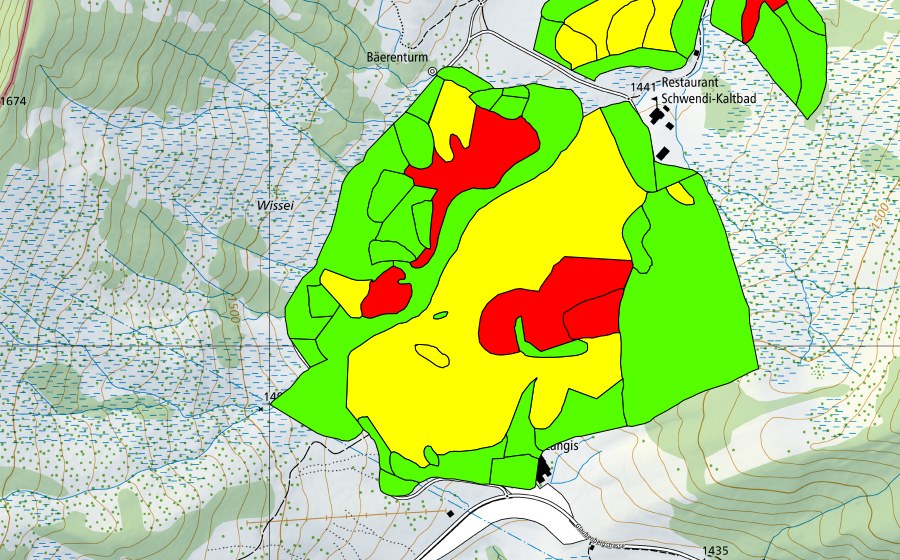 Carte nationale swisstopo avec le périmètre protégé de Schwendi Kaltbad (Haut-marais)