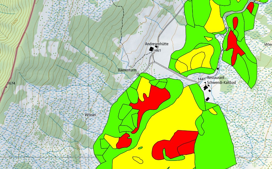swisstopo national map showing the protected perimeter of Schwendi Kaltbad (Raised bog)