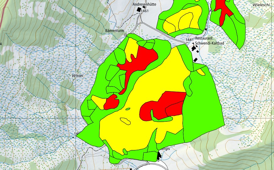 Carte nationale swisstopo avec le périmètre protégé de Schwendi Kaltbad (Haut-marais)