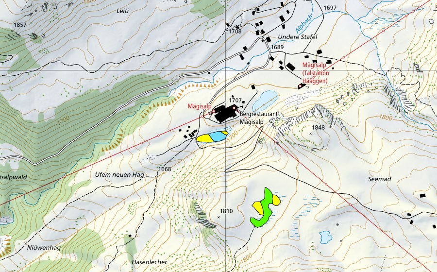 swisstopo national map showing the protected perimeter of Seelein bei der Mägisalp/Seemad (Raised bog)
