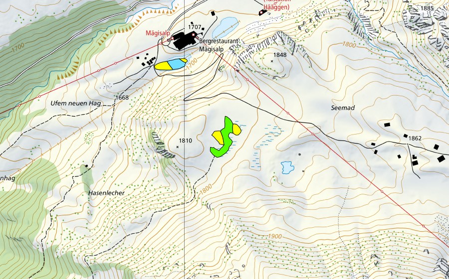 Carte nationale swisstopo avec le périmètre protégé de Seelein bei der Mägisalp/Seemad (Haut-marais)