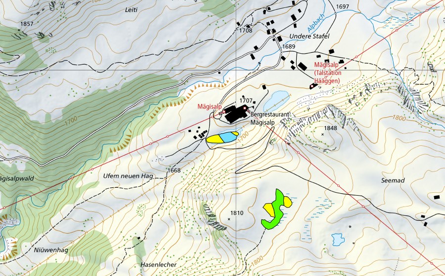 Landeskarte swisstopo mit dem Schutzperimeter von Seelein bei der Mägisalp/Seemad (Hochmoor)