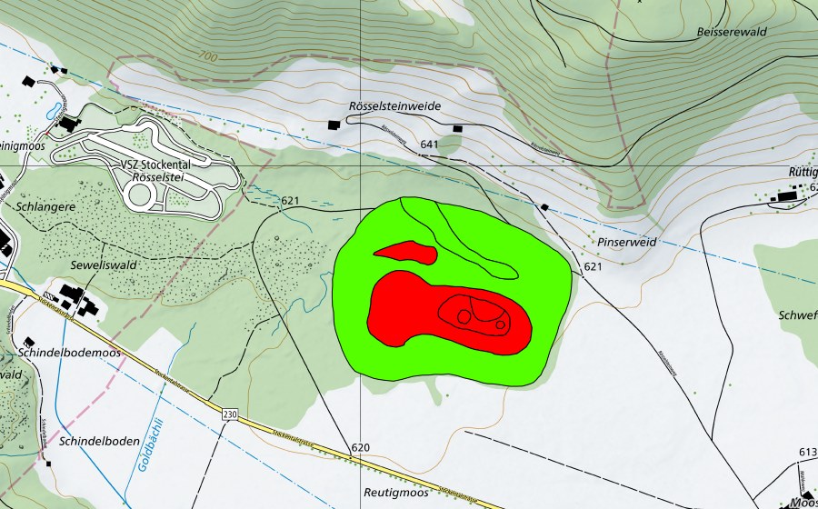 Landeskarte swisstopo mit dem Schutzperimeter von Sewelimoos (Hochmoor Seeliswald) (Hochmoor)