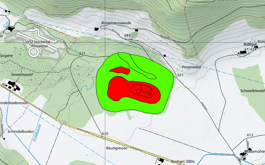 Landeskarte swisstopo mit dem Schutzperimeter von Sewelimoos (Hochmoor Seeliswald) (Hochmoor)