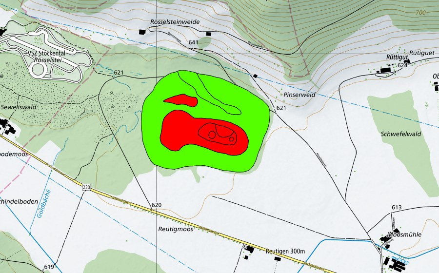 Landeskarte swisstopo mit dem Schutzperimeter von Sewelimoos (Hochmoor Seeliswald) (Hochmoor)