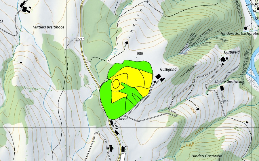 Carte nationale swisstopo avec le périmètre protégé de Siehenmoos (Haut-marais)