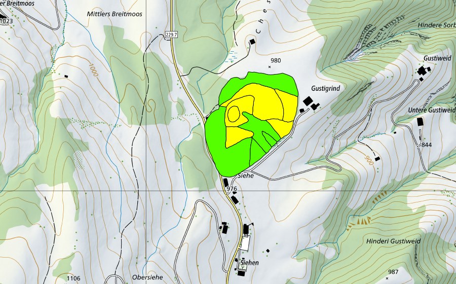 Landeskarte swisstopo mit dem Schutzperimeter von Siehenmoos (Hochmoor)