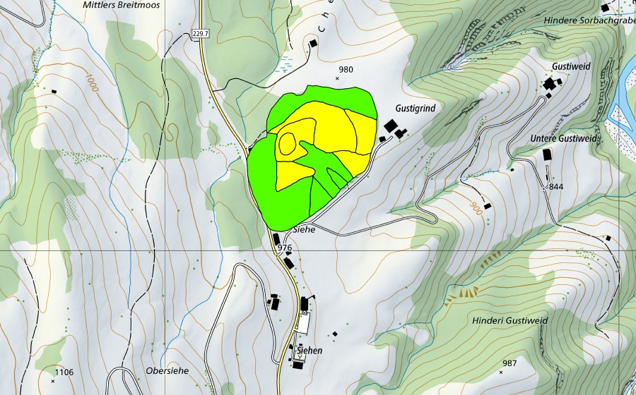 swisstopo national map showing the protected perimeter of Siehenmoos (Raised bog)
