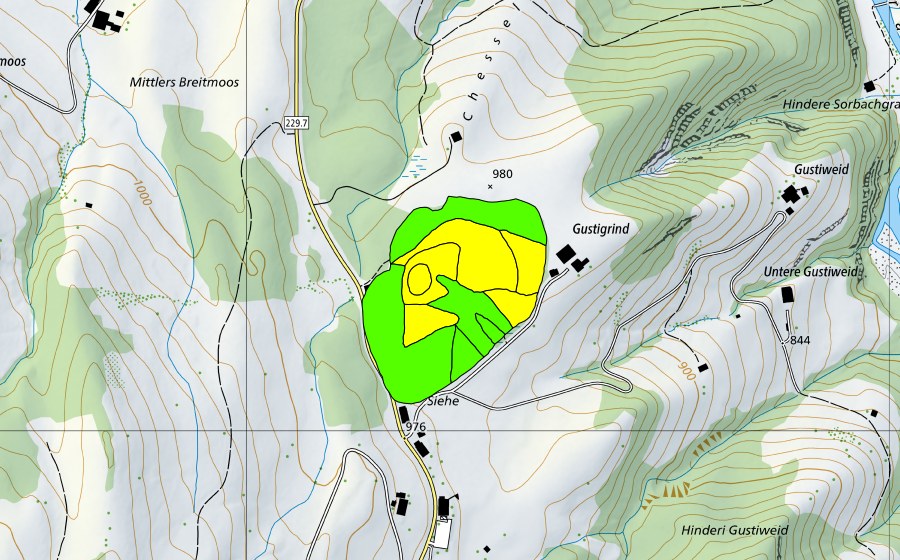 Landeskarte swisstopo mit dem Schutzperimeter von Siehenmoos (Hochmoor)