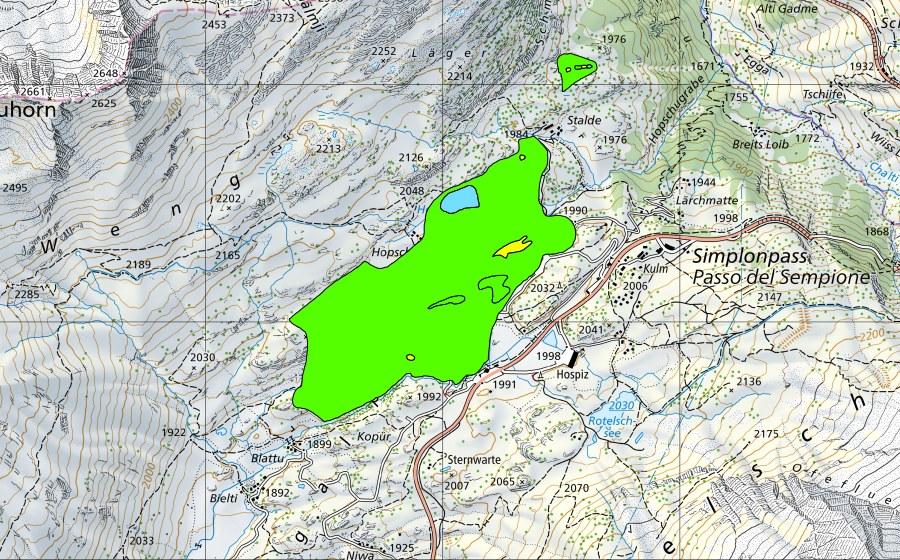 Carte nationale swisstopo avec le périmètre protégé de Simplonpass/Hopschusee (Haut-marais)