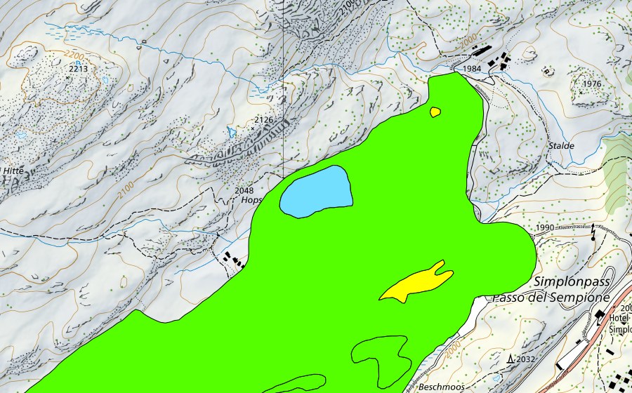 swisstopo national map showing the protected perimeter of Simplonpass/Hopschusee (Raised bog)