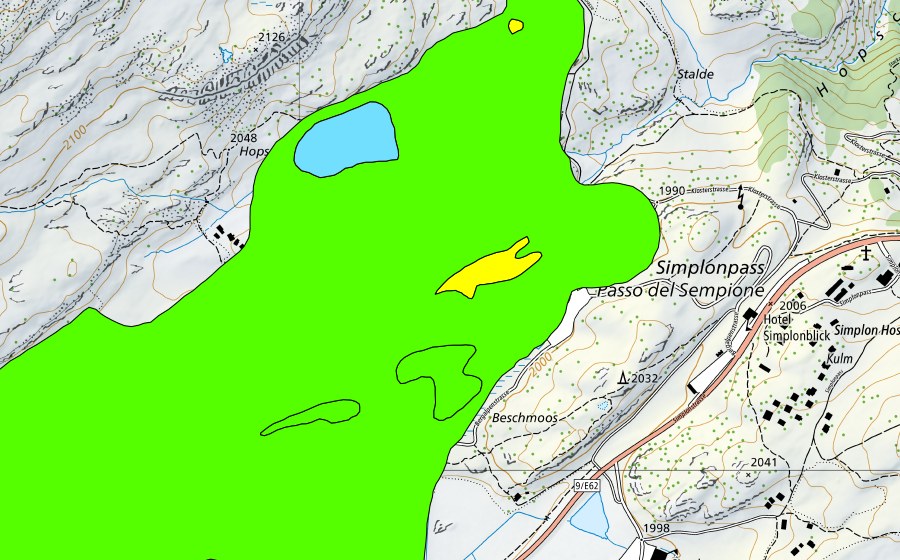 Carte nationale swisstopo avec le périmètre protégé de Simplonpass/Hopschusee (Haut-marais)