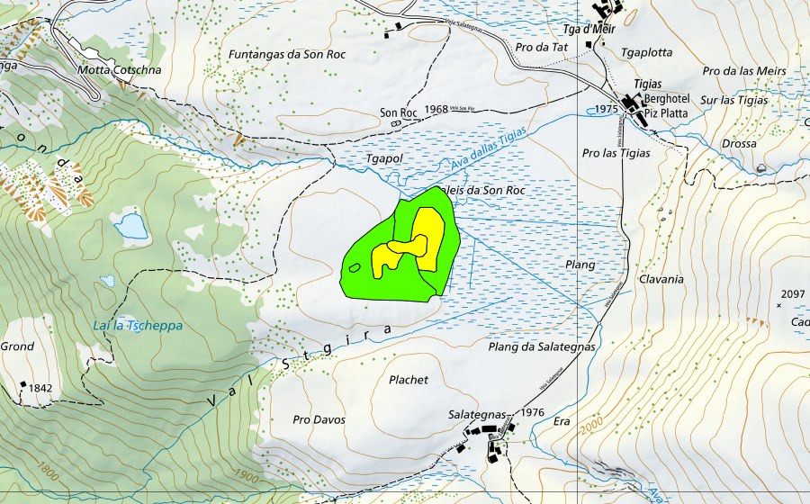 swisstopo national map showing the protected perimeter of Son Roc (Raised bog)