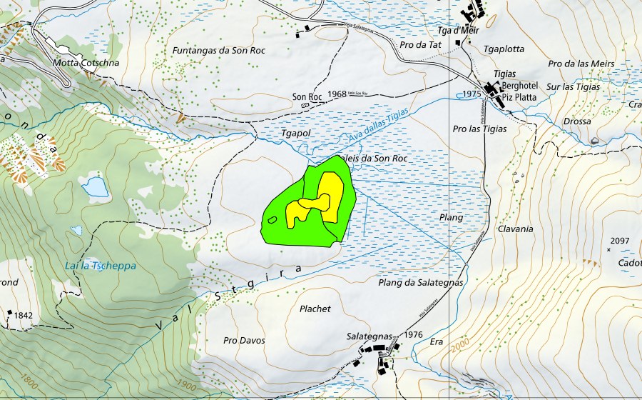 Landeskarte swisstopo mit dem Schutzperimeter von Son Roc (Hochmoor)