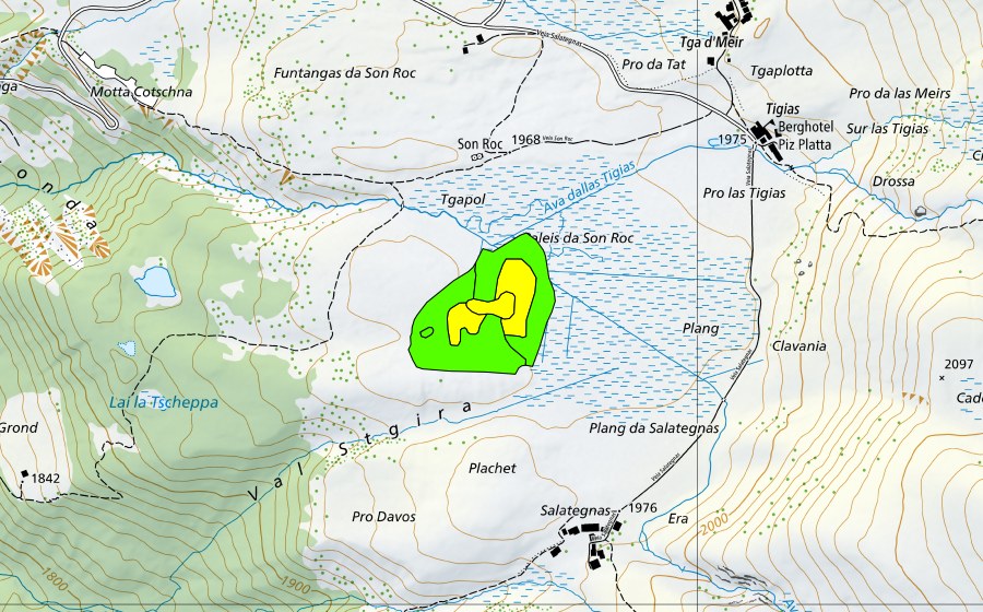 Carte nationale swisstopo avec le périmètre protégé de Son Roc (Haut-marais)