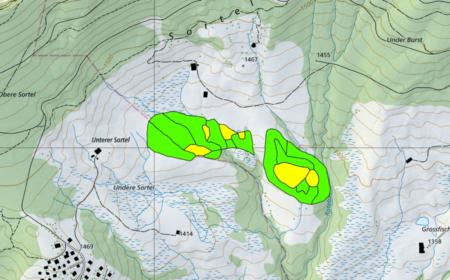 swisstopo national map showing the protected perimeter of Sortel (Raised bog)