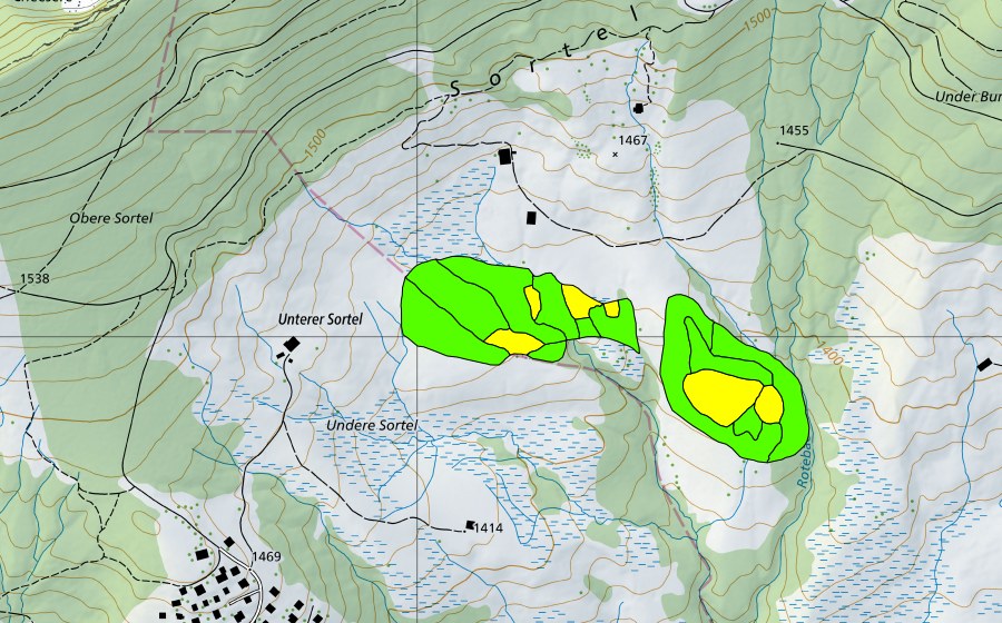 swisstopo national map showing the protected perimeter of Sortel (Raised bog)