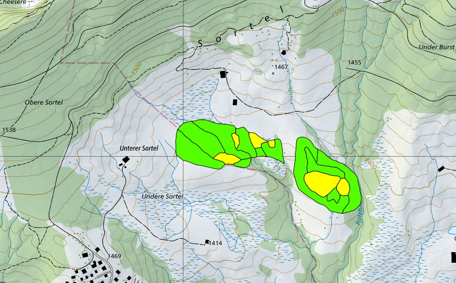 Carte nationale swisstopo avec le périmètre protégé de Sortel (Haut-marais)